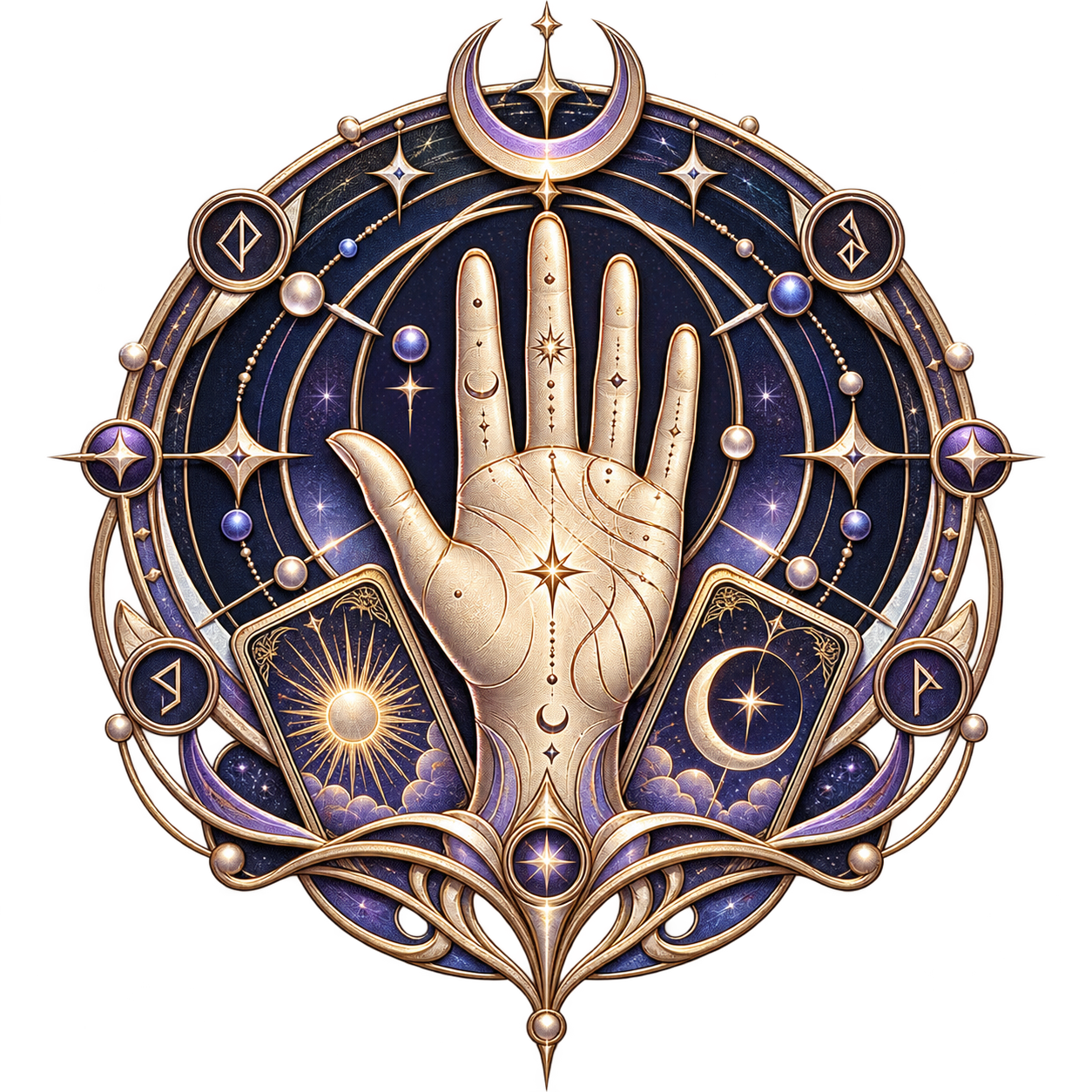 Emblema de Astramancia: una mano rodeada de cartas, runas, luna y estrellas